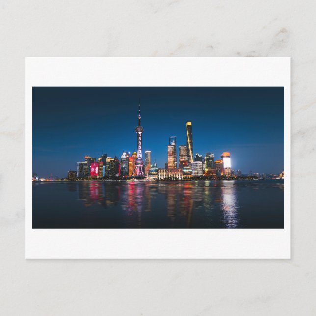 Nattvy över Shanghai och Huangpu River, China. Vykort (Framsida)