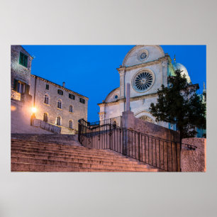 Nattvy över trappor och kyrka i Split, Kroatien Poster