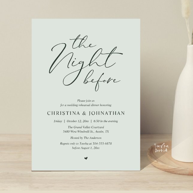 "Natty Before" Dusty Rose Rehearsal Middag Inbjudningar (“The Night Before” Elegant Script Romantic Rehearsal Dinner Invitation Card Sage Garden)