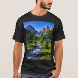 Natur Berg Vattenfall Flod Träd Blommor T Shirt
