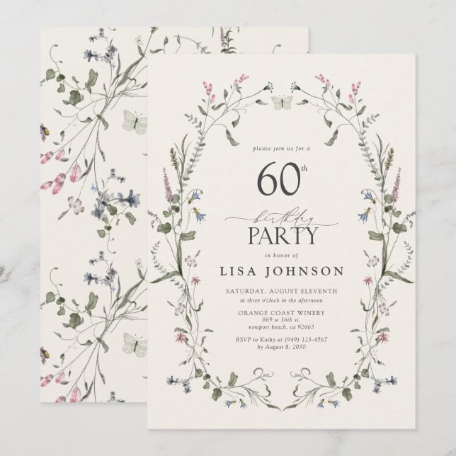 Natur - Blommigt 60:e Födelsedagsfesten Vattenfärg Inbjudningar (Fram/baksida)