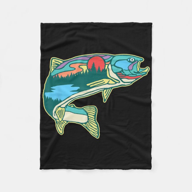 Natur Forell Illustration Vintage Flugfiske Retro Fleecefilt (Framsidan)