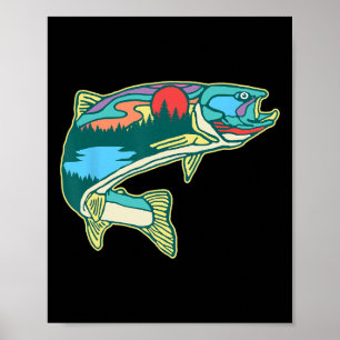 Natur Forell Illustration Vintage Flugfiske Retro Poster