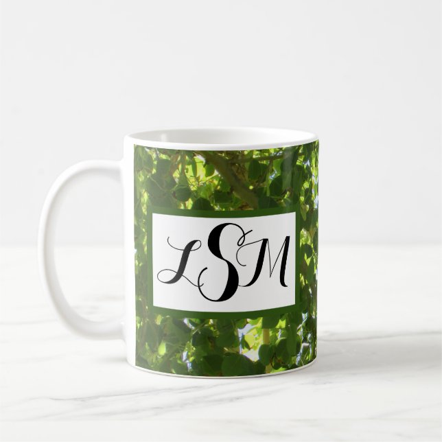 Natur Grönt Löv Photo Tall Träd Monogram Kaffemugg (Vänster)