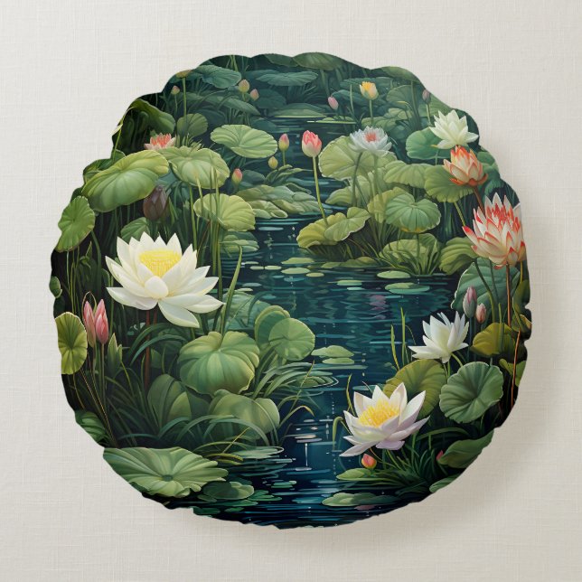 Natur Lotus Vatten Lily Pond Ligcape Rund Kudde (Framsidan)