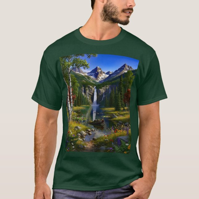 Natur Sceneri Berg Vattenfall Sjö Pond T Shirt (Framsida)