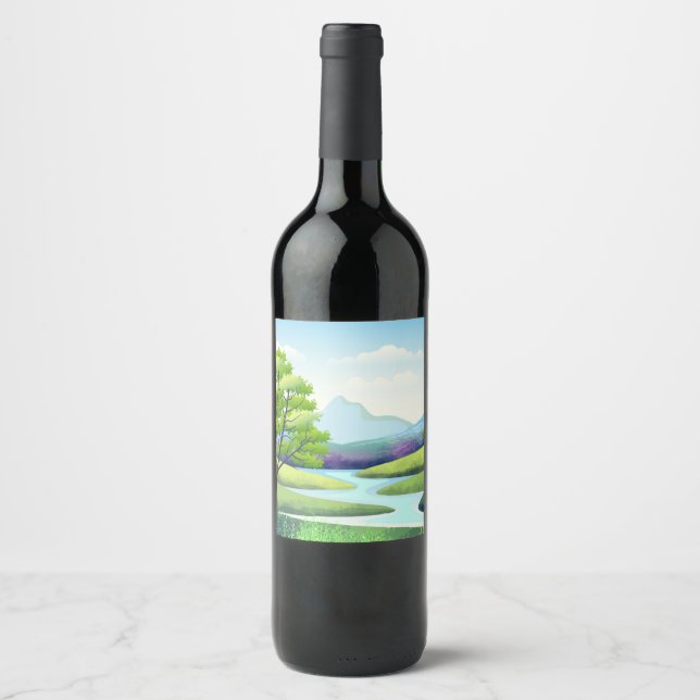 Natur Scenery med floden Vinflaska Etikett (Framsida)