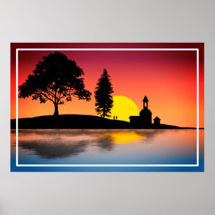 Natur Sjö Träd Koppel Siluett Konstverk-57178 Poster