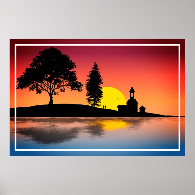 Natur Sjö Träd Koppel Siluett Konstverk-57178 Poster (Framsidan)