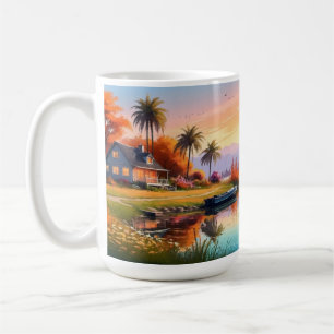 Natur Solnedgångsmålning med sjö, stuga Kaffemugg