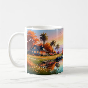 Natur Solnedgångsmålning med sjö, stuga Kaffemugg