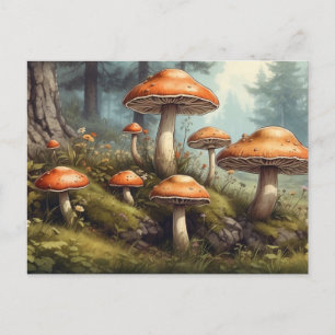 Natur, sommarskogsillustration med svamp vykort
