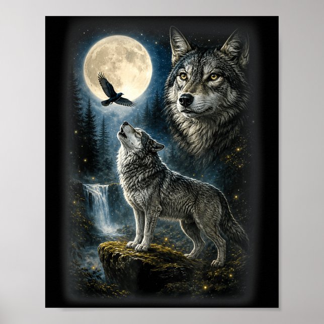 Natur varg skog träd vargar vilt djur måne poster (Framsidan)