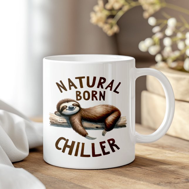 "Natural Born Chiller" Cute Funny Sleeping Sloth Kaffemugg ("Natural Born Chiller" Cute Funny Sleeping Sloth Coffee Mug on a boho wooden table.)