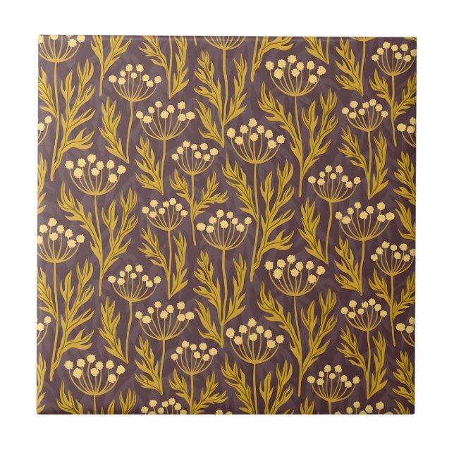 Natural Floral Pattern: Golden Accents  Dark Canva Kakelplatta (Framsidan)