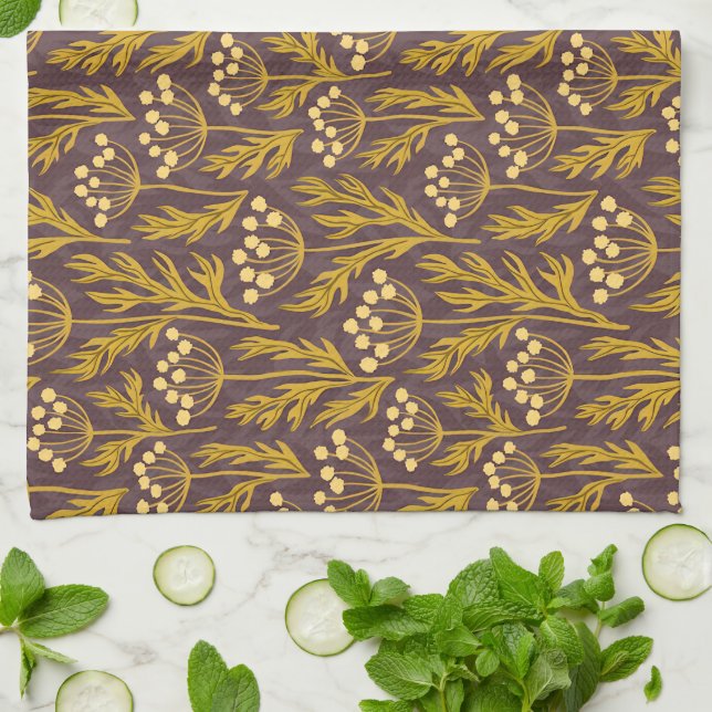 Natural Floral Pattern: Golden Accents  Dark Canva Kökshandduk (Vikta)