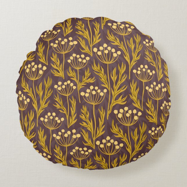 Natural Floral Pattern: Golden Accents  Dark Canva Rund Kudde (Framsidan)