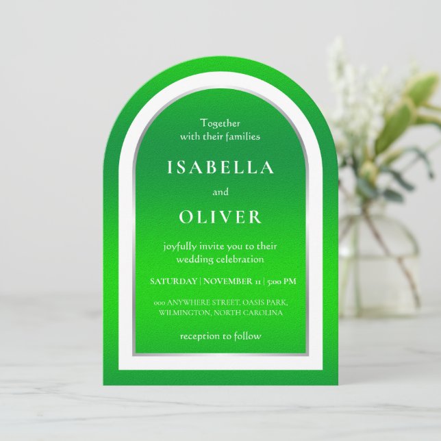 Natural grass green white text wedding inbjudningar (Stående Fram)