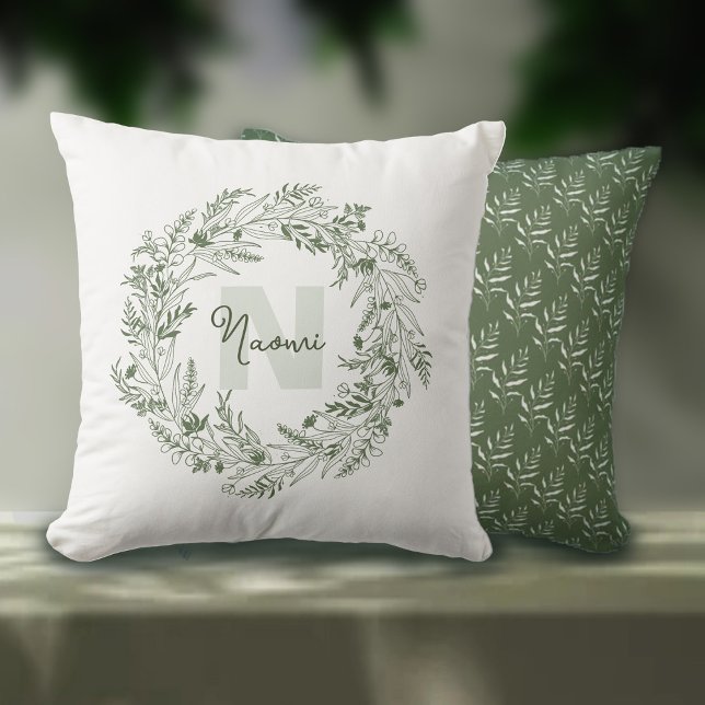 Natural Green Leafy Monogram N Kudde (Skapare uppladdad)