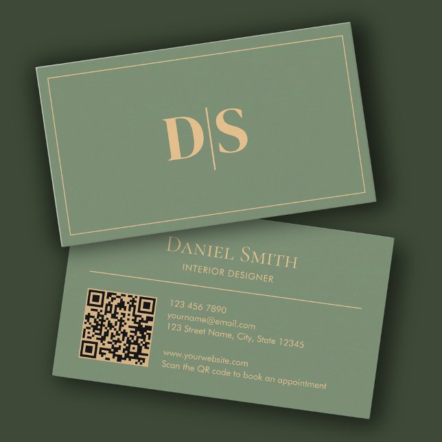 Natural Minimalist Muted Green Initials QR Code Visitkort (Modern minimalist muted green professional business card)