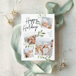 Naturally Joyful | Christmas Photo Collage Julkort<br><div class="desc">Our beautiful rustic chic holiday photo card features four of your favorite square family photos in a collage layout. "Happy Holidays" appears at the top in hand lettered script typography on a white chalkboard background accented with light green watercolor botanical foliage for a beautiful nature-inspired look. Customize with your family...</div>
