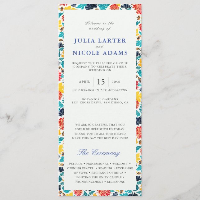 Naturblått Gult Vattenfärg Solblommor Bröllop Program (Framsida)