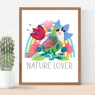 Nature Älskare Watercolor Bird Flowers Rainbow Fär Poster