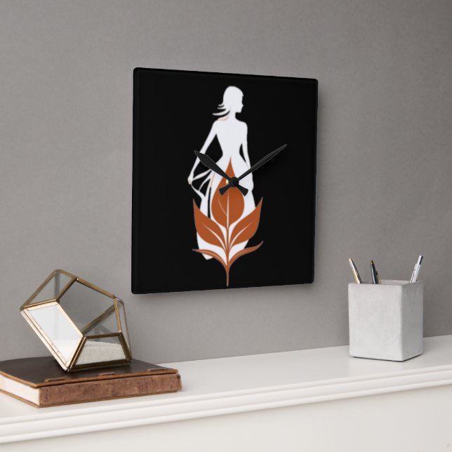Nature and Woman Silhouette Elegant Feminine Art  Fyrkantig Klocka (Kontor)