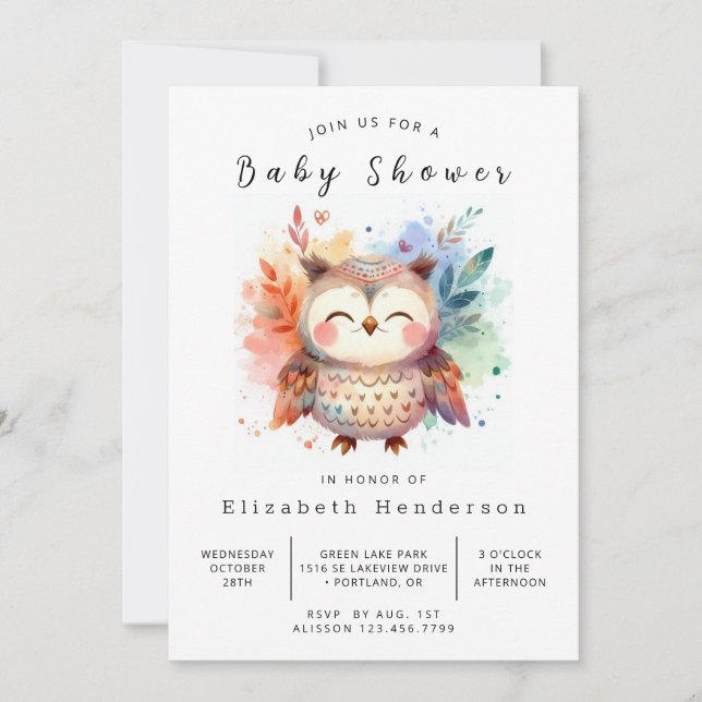 Nature Anpassningsbar Uggla Baby Shower Inbjudningar (Framsida)