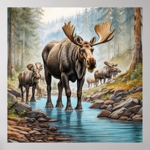 *~* Nature AP AP49 MOOSE HERD Forest STREAM Poster