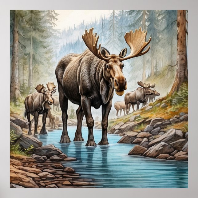 *~* Nature AP AP49 MOOSE HERD Forest STREAM Poster (Framsidan)