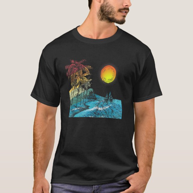 Nature Beauty Beach Mountain Palm Tree  Ocean Para T Shirt (Framsida)