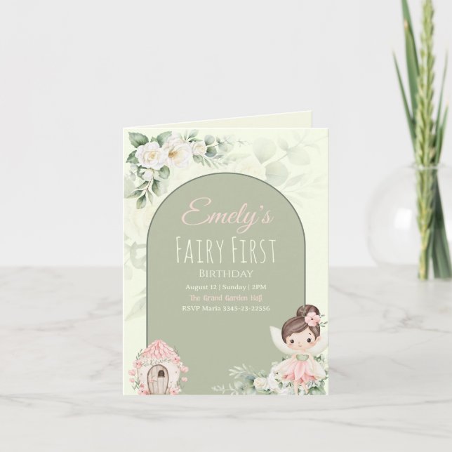 Nature Cute Flower Fairy 1st Birthday Invitation Inbjudan (Framsida)