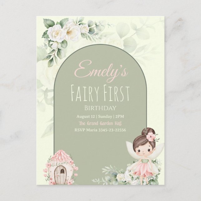 Nature Cute Flower Fairy 1st Birthday Invitation Inbjudan Vykort (Framsida)