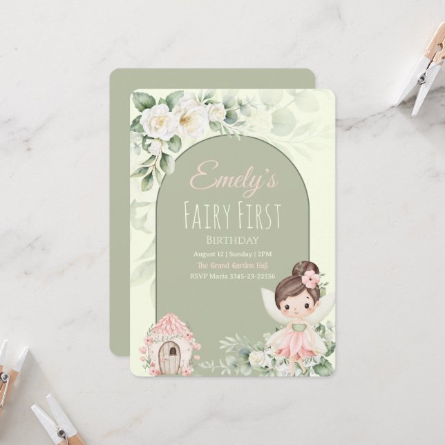 Nature Cute Flower Fairy 1st Birthday Invitation Inbjudningar (Fram/Back In Situ)