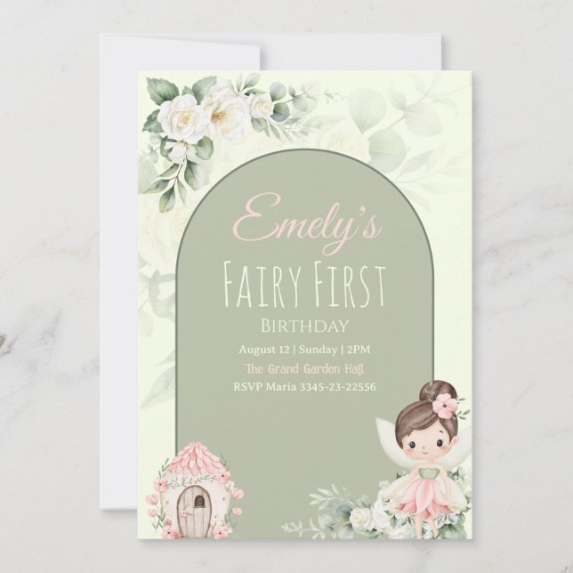 Nature Cute Flower Fairy 1st Birthday Invitation Inbjudningar (Framsida)