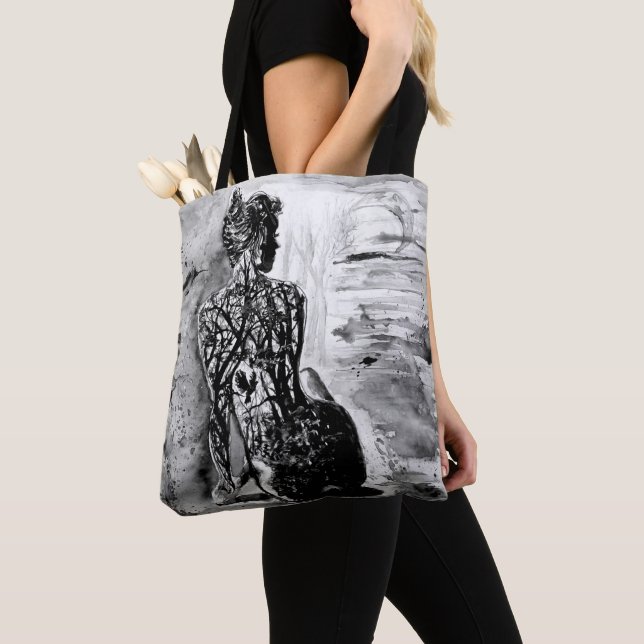 Nature Dam Tote Bag Black White - Målning Tygkasse (Närbild)