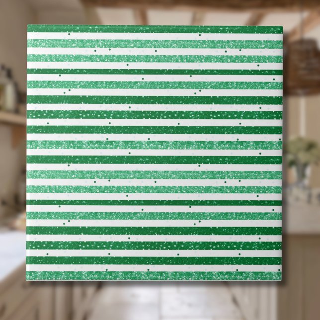 Nature Green White Horizontal Glitter Stripes Kakelplatta (Skapare uppladdad)