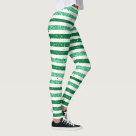 Nature Green White Horizontal Glitter Stripes Leggings