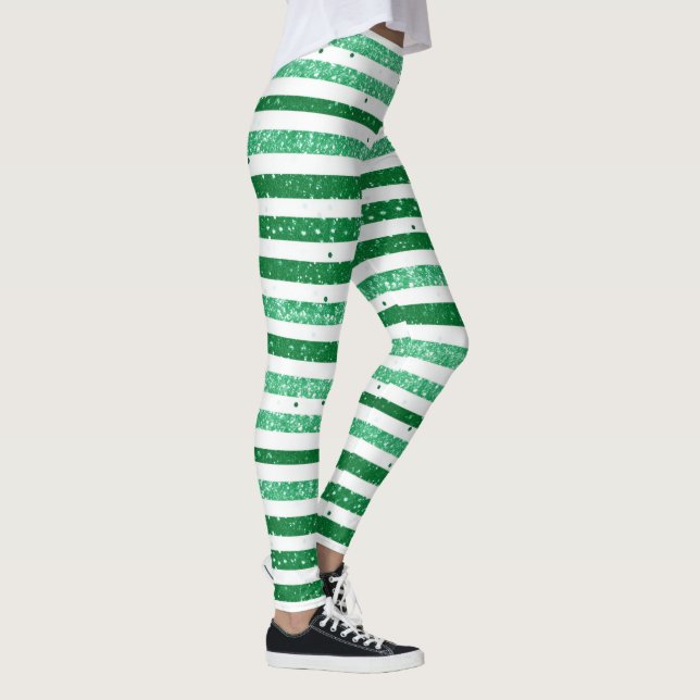 Nature Green White Horizontal Glitter Stripes Leggings (Höger)