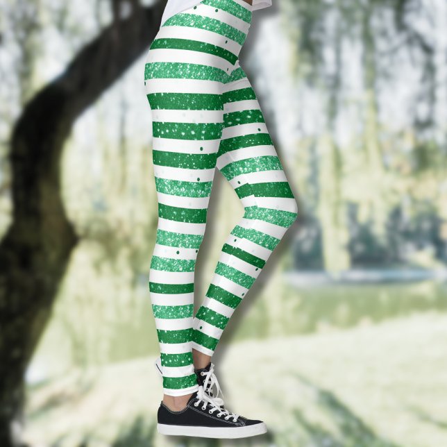Nature Green White Horizontal Glitter Stripes Leggings (Skapare uppladdad)