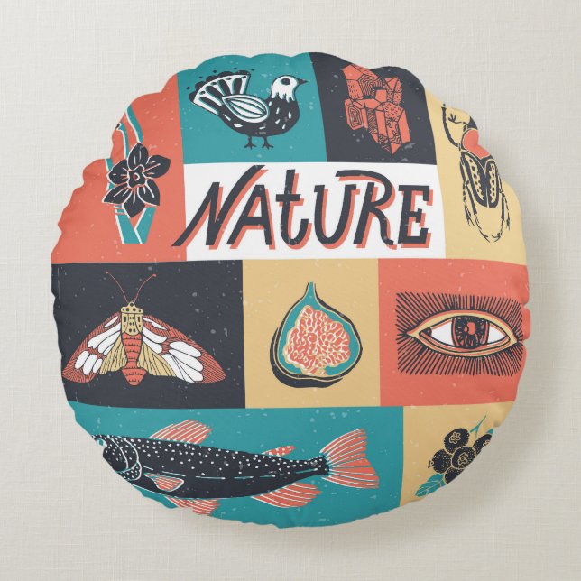 Nature Inslag, Retro Stil Icons. Rund Kudde (Framsidan)