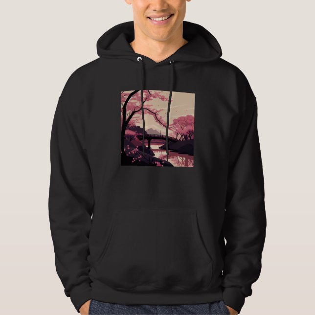 Nature Inspired Cherry Blossom River and Bridge Hoodie (Framsida)