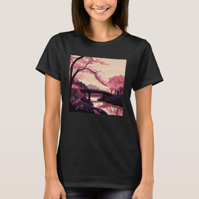 Nature Inspired Cherry Blossom River and Bridge T Shirt (Framsida)