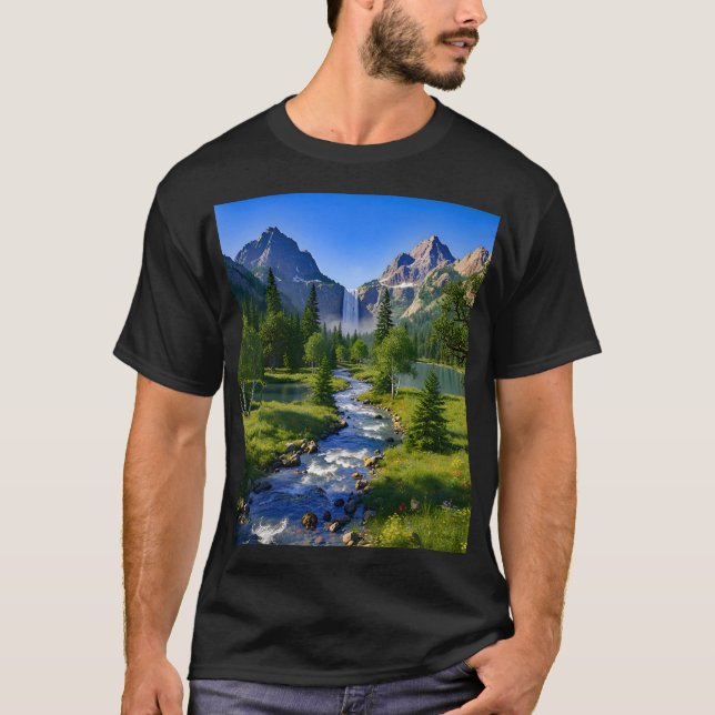 Nature Mountains Waterfall River Trees Flowers T Shirt (Framsida)