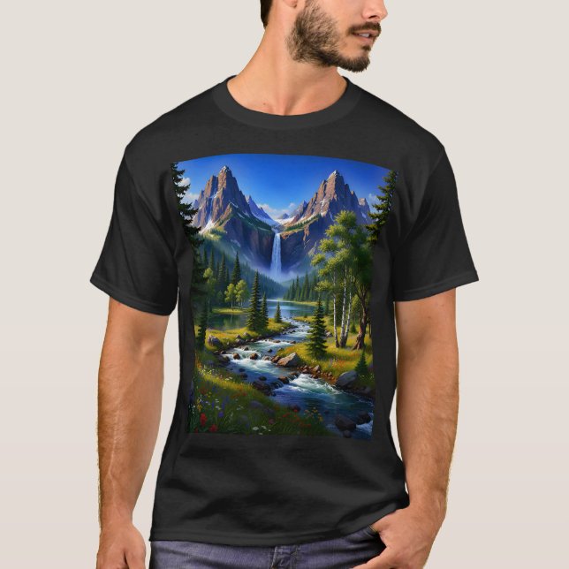 Nature Mountains Waterfall River Trees Flowers T Shirt (Framsida)