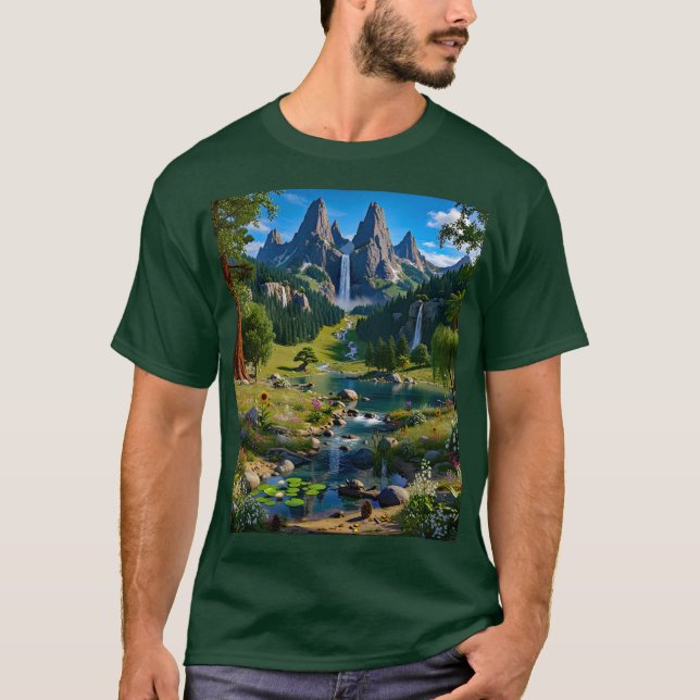 Nature Scene Mountains Waterfalls Trees Lake Pond T Shirt (Framsida)