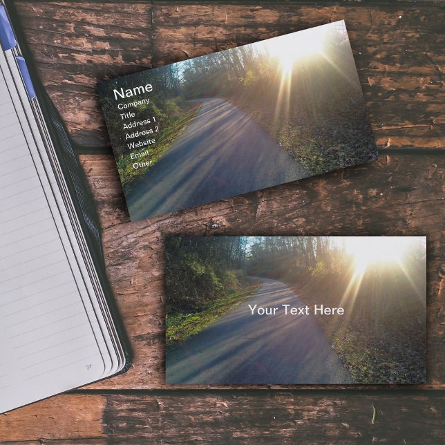 Nature Skogen Väg Sol Rays Grass Visitkort (Photo of sunlit path thru woods with trees on business cards.)