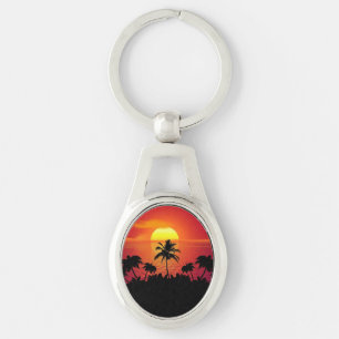 Nature Sunset Handflatan Träd illustration Ovalt Silverfärgad Nyckelring