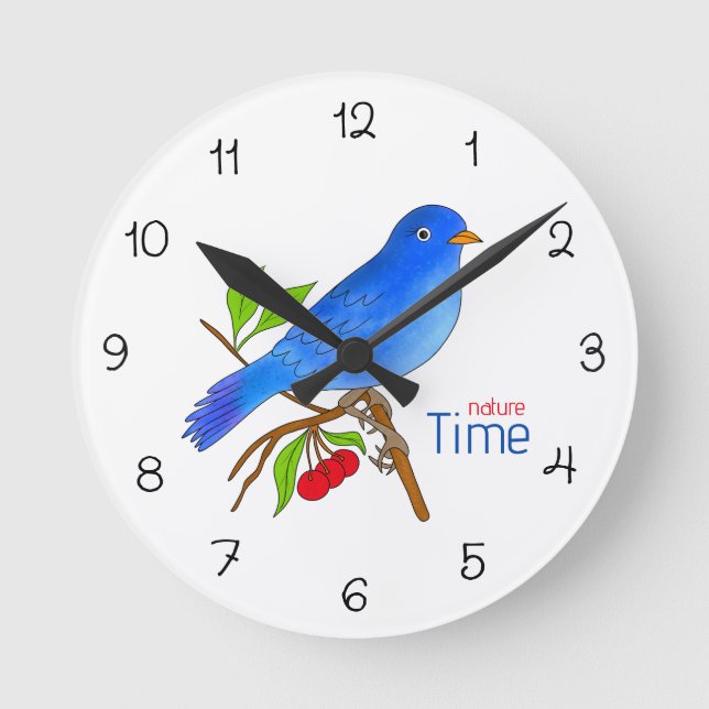 Nature Time – Blue Bird Floral Wall Clock Rund Klocka (Framsida)